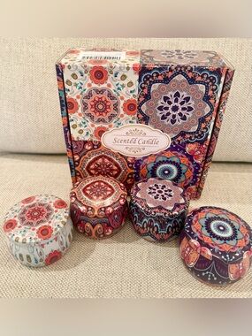 Set of four 4) Scented Citronella Candles in Multicolor Decorative Tins